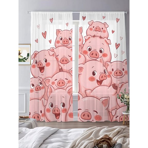 Funny Cute Pink Pig Hearts Sheer Curtains 2 Panels Set Cartoon Animals Lihgt Filtering Rod Pocket Voile Drape,Semi Sheer Window Curtains for Bedroom Living Room,52"x84"