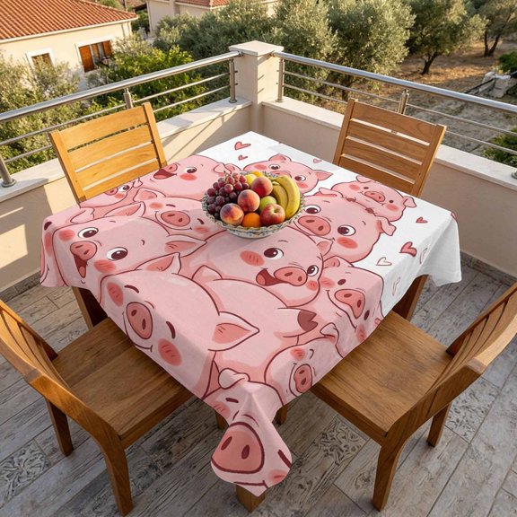 Funny Cute Pink Pig Hearts Table Cloth 60x60in, Waterproof Square Tablecloth Wipeable Tablecloths Cartoon Animals Table Covers for Dining Tables Party Indoor Outdoor