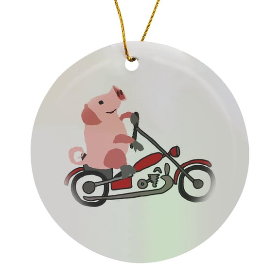3drose, Funny Cute Pink Pig or Hog Riding Motorcycle Cartoon, Circle Porcelain Ornament
