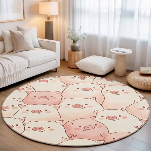 Funny Cute Pink Pig Round Rug 5ft Cartoon Animals Sketch Washable Area Rugs for Living Room Bedroom Entryway Non Slip Entrance Door Mat Indoor Floor Carpet