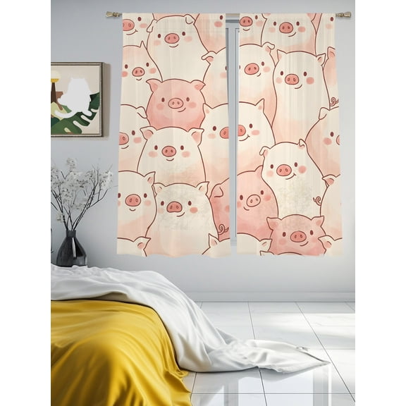 Funny Cute Pink Pig Sheer Curtains 2 Panels Set Cartoon Animals Sketch Lihgt Filtering Rod Pocket Voile Drape,Semi Sheer Window Curtains for Bedroom Living Room,52"x63"