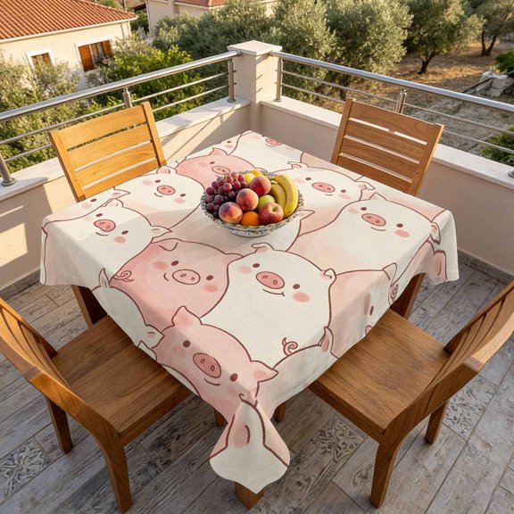 Funny Cute Pink Pig Table Cloth 60x60in, Waterproof Square Tablecloth Wipeable Tablecloths Cartoon Animals Sketch Table Covers for Dining Tables Party Indoor Outdoor