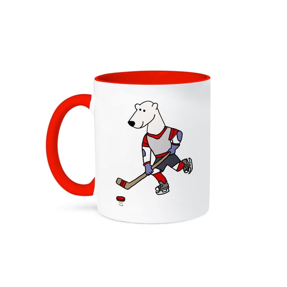 3drose, Funny Cute Polar Bear Playing Ice Hockey Sports Cartoon, 15oz Two-tone Red Mug