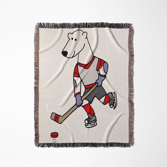 Funny Cute Polar Bear Playing Ice Hockey Sports Cartoon, Woven Blanket