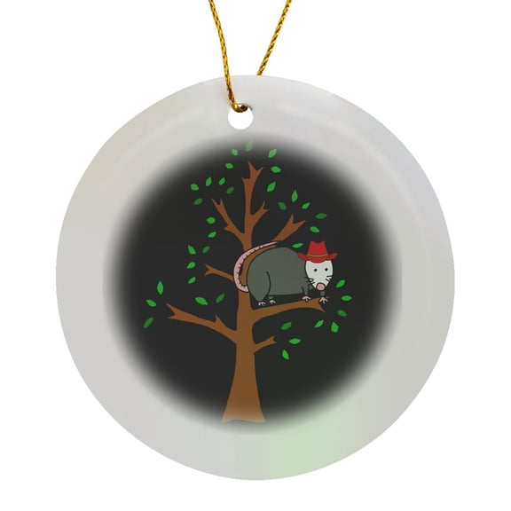 3drose, Funny Cute Possum in Tree with Cowboy Hat Opossum Nature Cartoon, Circle Porcelain Ornament