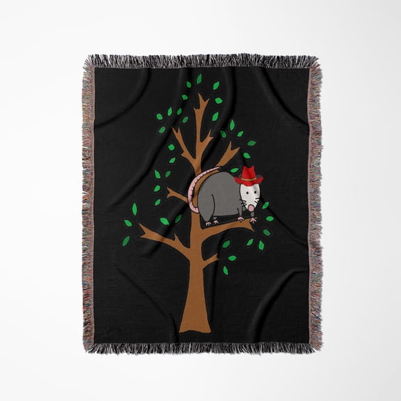Funny Cute Possum In Tree With Cowboy Hat Opossum Nature Cartoon, Woven Blanket