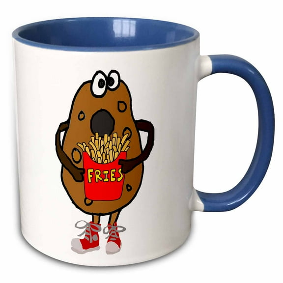 3drose, Funny Cute Potato Eating French Fries Cartoon, 11oz Two-tone Blue Mug