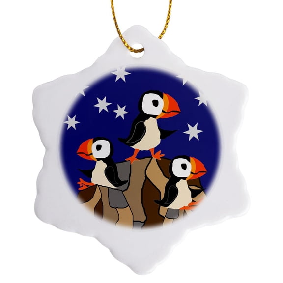3drose, Funny Cute Puffin Birds on Rocks and Snow Falling Primitive Art, 3 inch Snowflake Porcelain Ornament