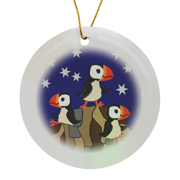 3drose, Funny Cute Puffin Birds on Rocks and Snow Falling Primitive Art, Circle Porcelain Ornament