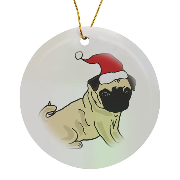 3drose, Funny Cute Pug in Santa Hat Christmas Cartoon, Circle Porcelain Ornament