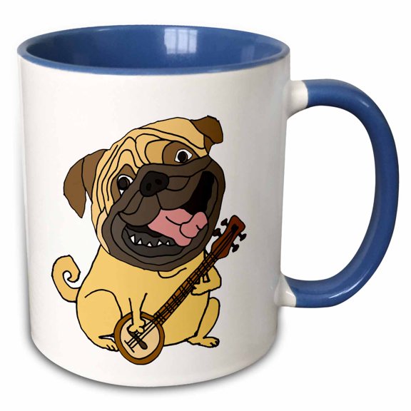 3drose, Funny Cute Pug Puppy Dog Playing Banjo Cartoon, 15oz Two-tone Blue Mug