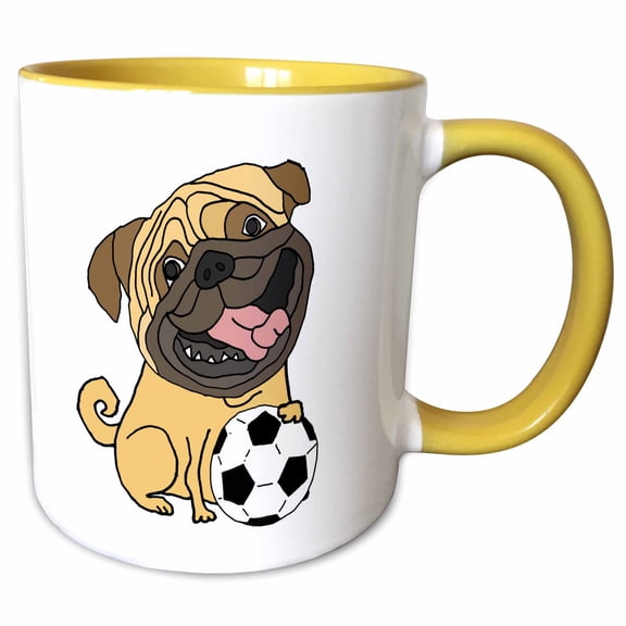 3drose, Funny Cute Pug Puppy Dog Playing Soccer or Football Cartoon, 11oz Two-tone Yellow Mug
