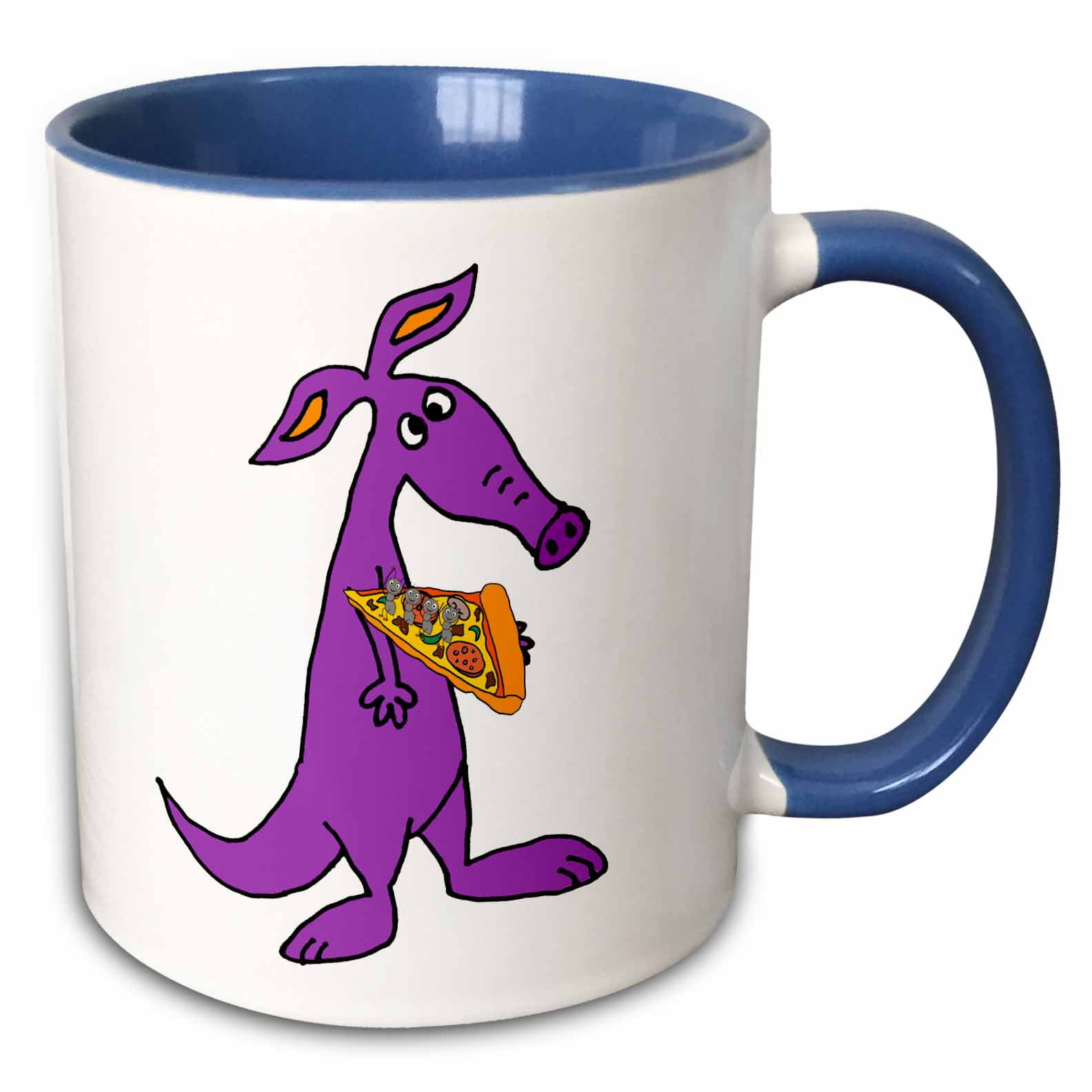 3drose, Funny Cute Purple Aardvark Anteater Eating Pizza Food Cartoon, 11oz  Two-tone Blue Mug