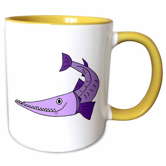 3drose, Funny Cute Purple Barracuda Fish Cartoon, 11oz Two-tone Yellow Mug