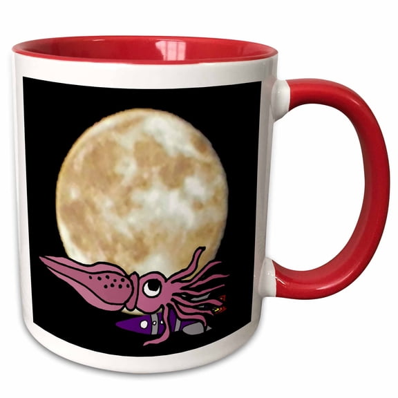 3drose, Funny Cute Purple Squid and Spaceship and Moon Space Cartoon, 15oz Two-tone Red Mug