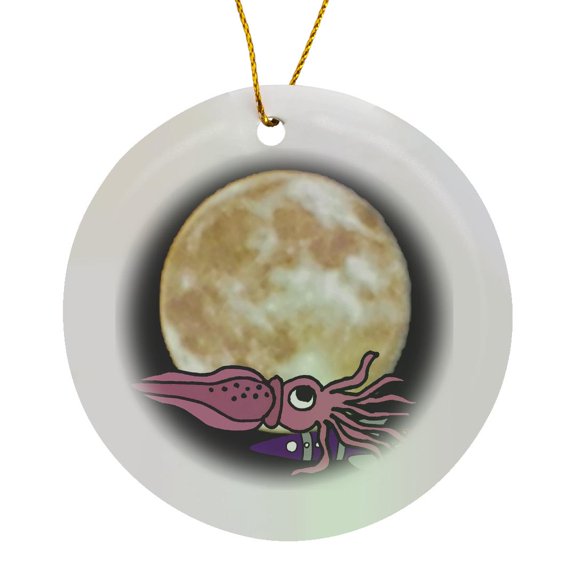 3drose, Funny Cute Purple Squid and Spaceship and Moon Space Cartoon, Circle Porcelain Ornament