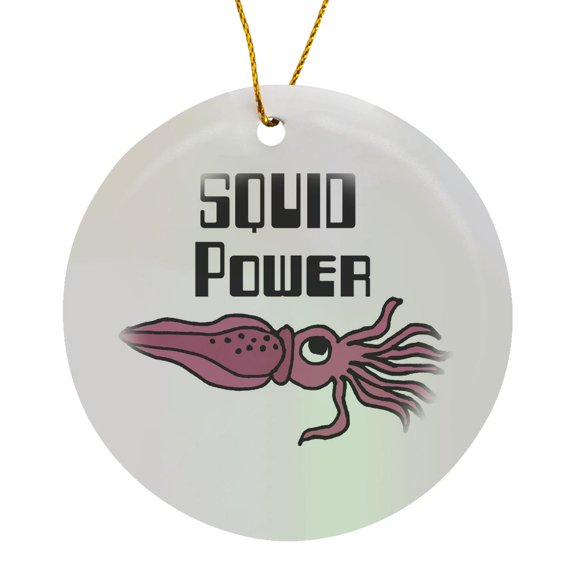 3drose, Funny Cute Purple Squid Cartoon Says Squid Power, Circle Porcelain Ornament