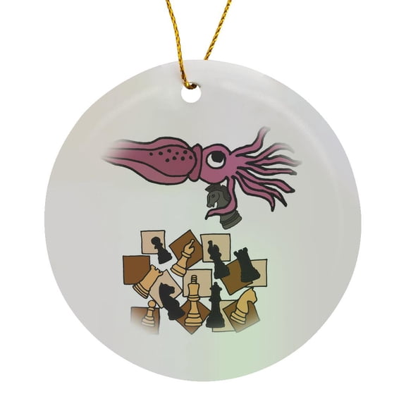 3drose, Funny Cute Purple Squid Playing Chess Game Cartoon, Circle Porcelain Ornament