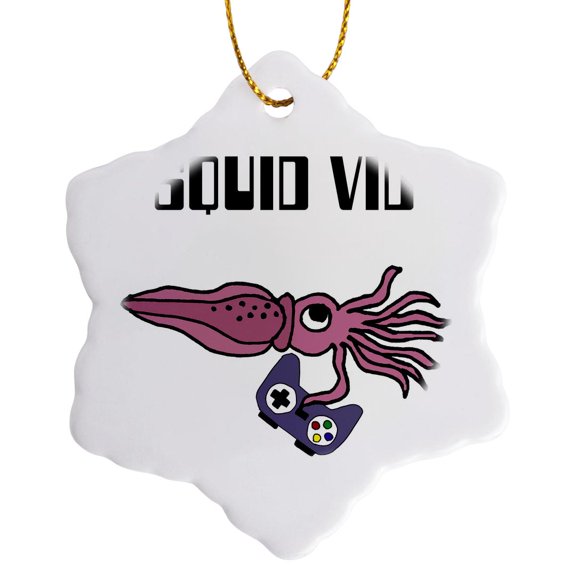 3drose, Funny Cute Purple Squid with Video Game Contoller Squid Vid Pun, 3 inch Snowflake Porcelain Ornament