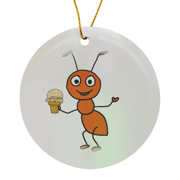 3drose, Funny Cute Red Ant Eating Ice Cream Cone Cartoon, Circle Porcelain Ornament