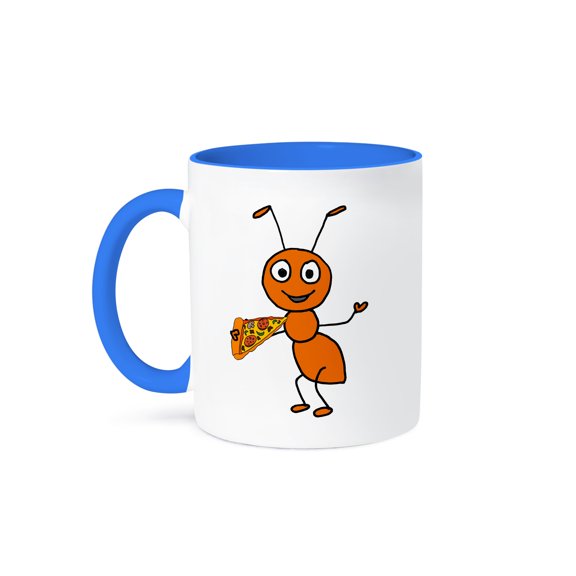 Funny Cute Red Ant Eating Pizza Food Cartoon, 11oz Two-Tone Blue Mug