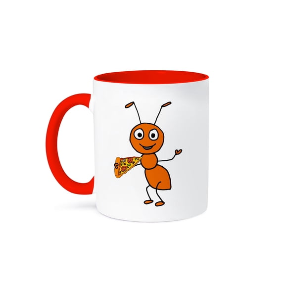 Funny Cute Red Ant Eating Pizza Food Cartoon, 11oz Two-Tone Red Mug