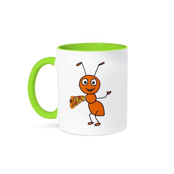 Funny Cute Red Ant Eating Pizza Food Cartoon, 15oz Two-Tone Green Mug