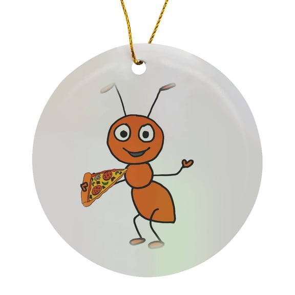 Funny Cute Red Ant Eating Pizza Food Cartoon, Circle Porcelain Ornament