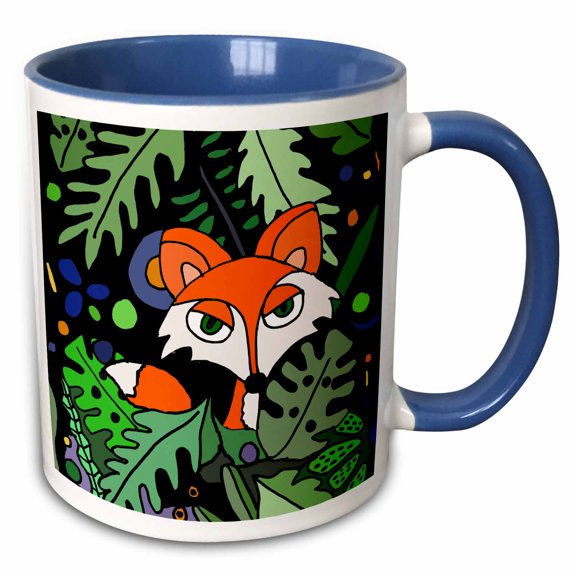 3drose, Funny Cute Red Fox in the Forest Cartoon, 11oz Two-tone Blue Mug