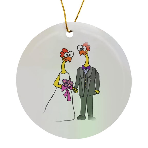 3drose, Funny Cute Rubber Chicken Bride and Groom Wedding, Circle Porcelain Ornament