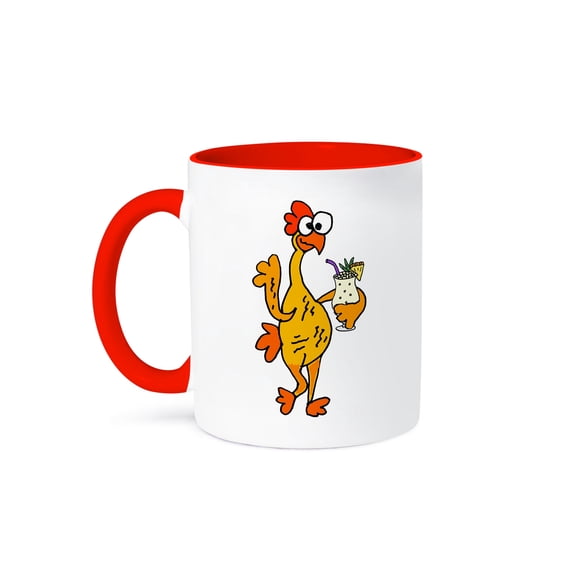 3drose, Funny Cute Rubber Chicken Drinking Pina Colada Cartoon, 11oz Two-tone Red Mug
