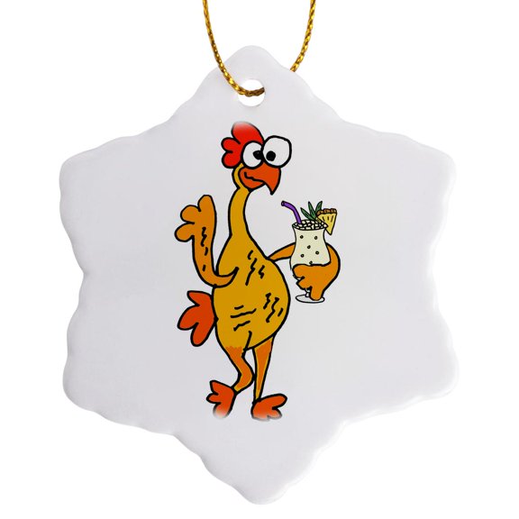 3drose, Funny Cute Rubber Chicken Drinking Pina Colada Cartoon, 3 inch Snowflake Porcelain Ornament