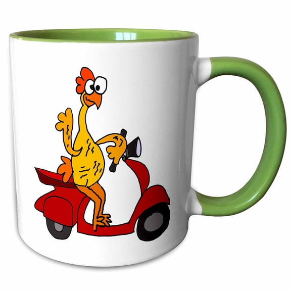 3drose, Funny Cute Rubber Chicken Riding Red Motor Scooter Cartoon, 11oz Two-tone Green Mug