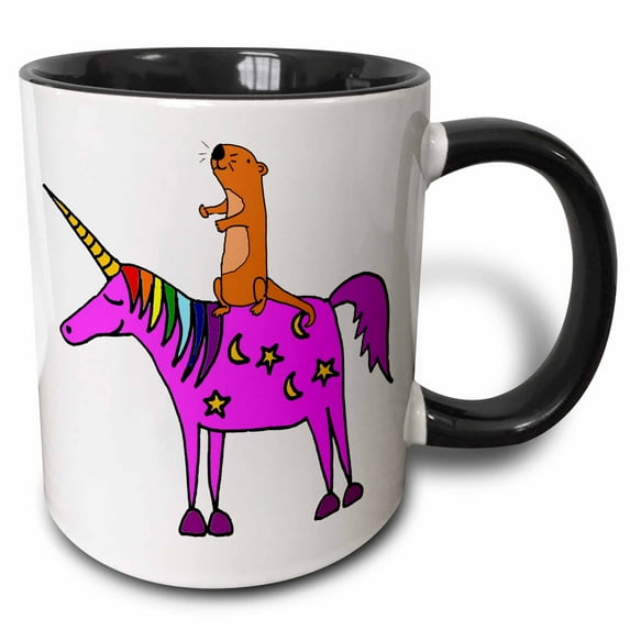 3drose, Funny Cute Sea Otter Riding Unicorn Cartoon, 11oz Two-tone Black Mug