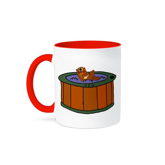 3drose, Funny Cute Sea Otter Soaking in Hot Tub Cartoon, 11oz Two-tone Red Mug