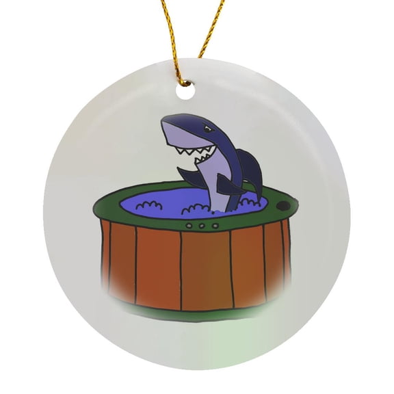 3drose, Funny Cute Shark Soaking in Hot Tub Cartoon, Circle Porcelain Ornament