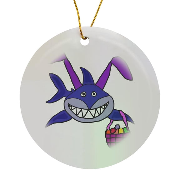 3drose, Funny Cute Shark with Easter Basket and Bunny Ears, Circle Porcelain Ornament