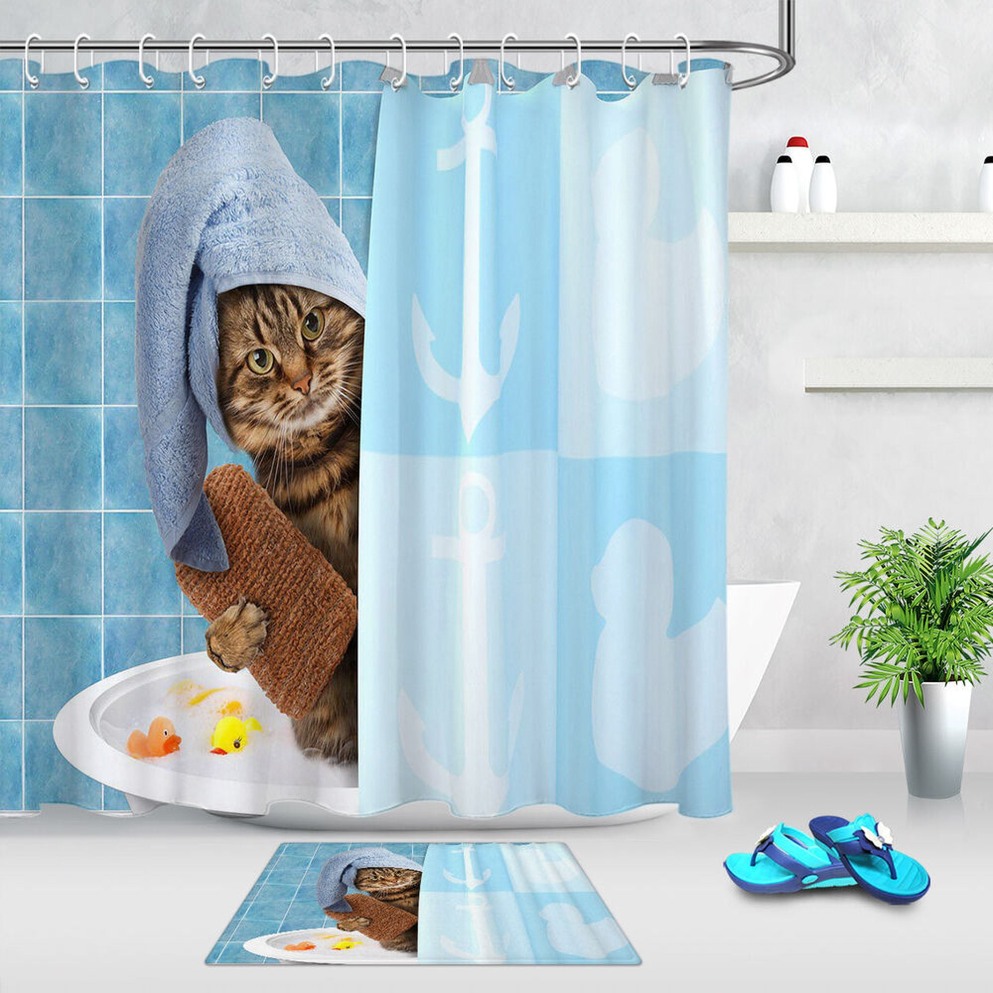 Funny Cute Showering Cat Fabric Shower Curtain & Hooks Bathroom