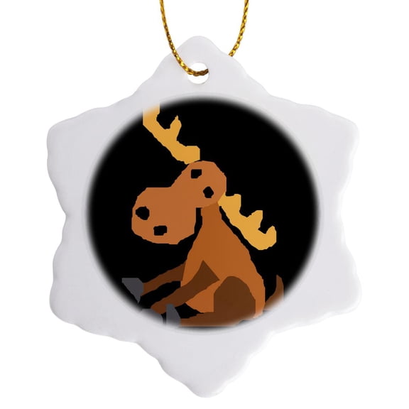 3drose, Funny Cute Sitting Moose Primitive Art Cartoon, 3 inch Snowflake Porcelain Ornament