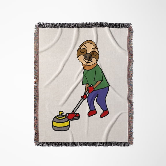 Funny Cute Sloth Curling Sports Cartoon, Woven Blanket