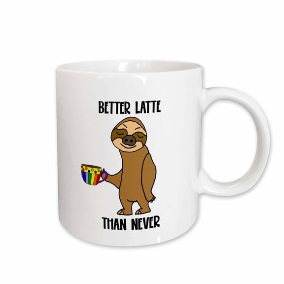 3drose, Funny Cute Sloth Drinking Coffee Better Latte Than Never Pun Cartoon, 15oz Mug