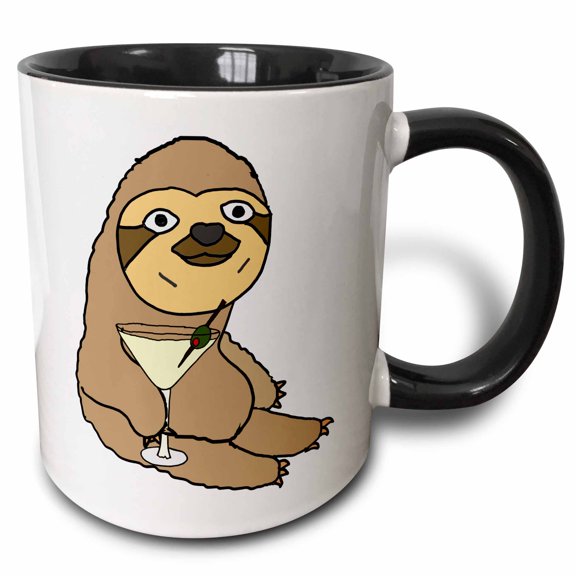 3drose, Funny Cute Sloth Drinking Martini Cartoon, 11oz Two-tone Black Mug
