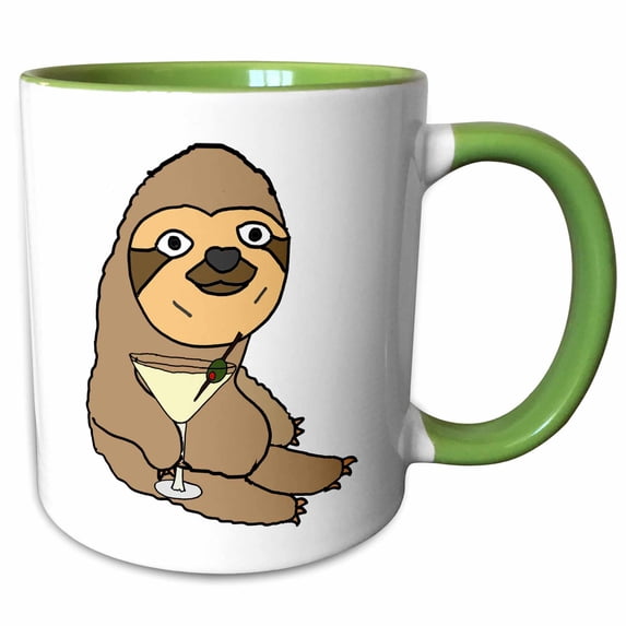 3drose, Funny Cute Sloth Drinking Martini Cartoon, 11oz Two-tone Green Mug