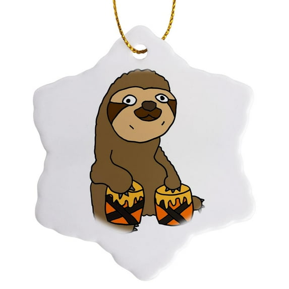 3drose, Funny Cute Sloth Playing the Bongo Drums for Music Lovers, 3 inch Snowflake Porcelain Ornament