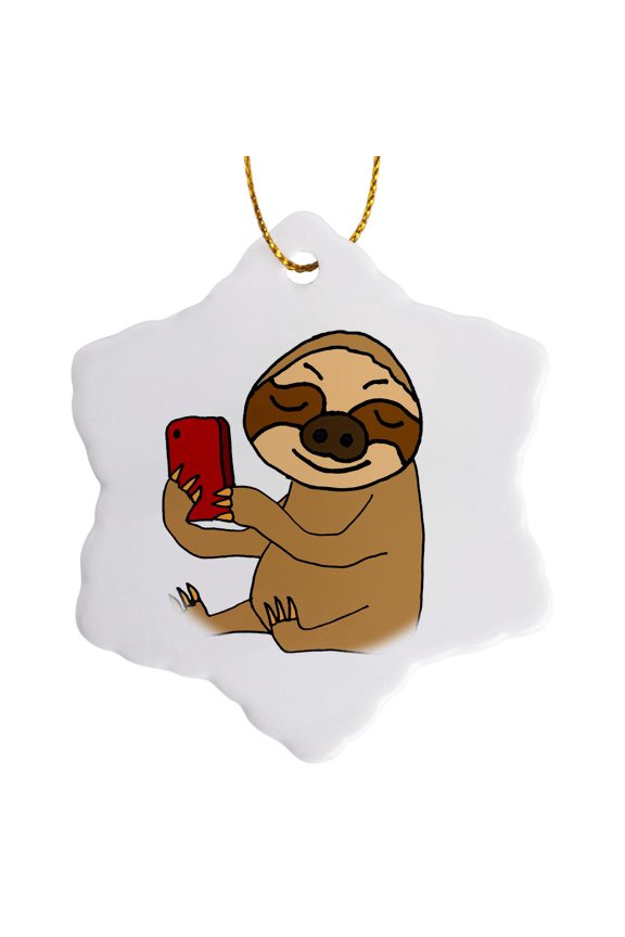 , Funny Cute Sloth Taking Selfie Photo with Cell Phone Cartoon, 3 inch Snowflake Porcelain Ornament