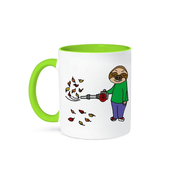3drose, Funny Cute Sloth Using Leaf Blower Cartoon, 11oz Two-tone Green Mug