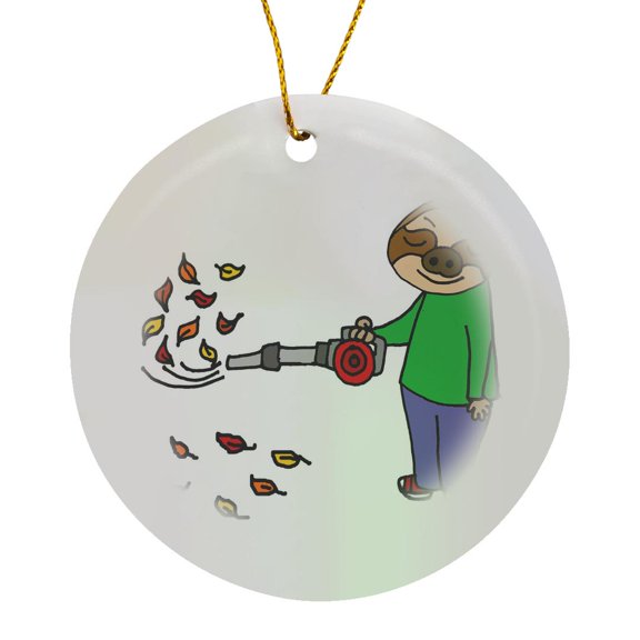 3drose, Funny Cute Sloth Using Leaf Blower Cartoon, Circle Porcelain Ornament