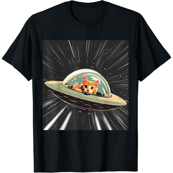 Funny Cute Space Cosmic Cat in UFO Flying Saucer T-Shirt