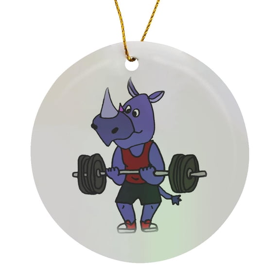 3drose, Funny Cute Strong Rhino Bodybuilder Lifting Weights Cartoon, Circle Porcelain Ornament
