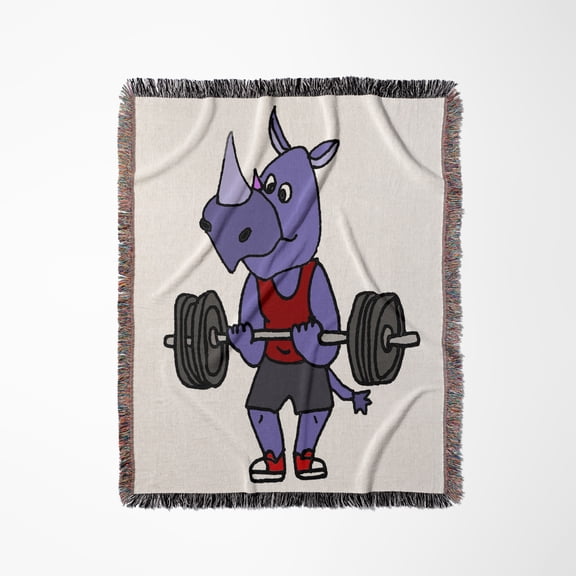 Funny Cute Strong Rhino Bodybuilder Lifting Weights Cartoon, Woven Blanket